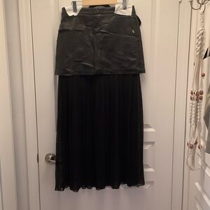 Black Faux-Leather Overlay Maxi Skirt with Sheer Pleated Panel